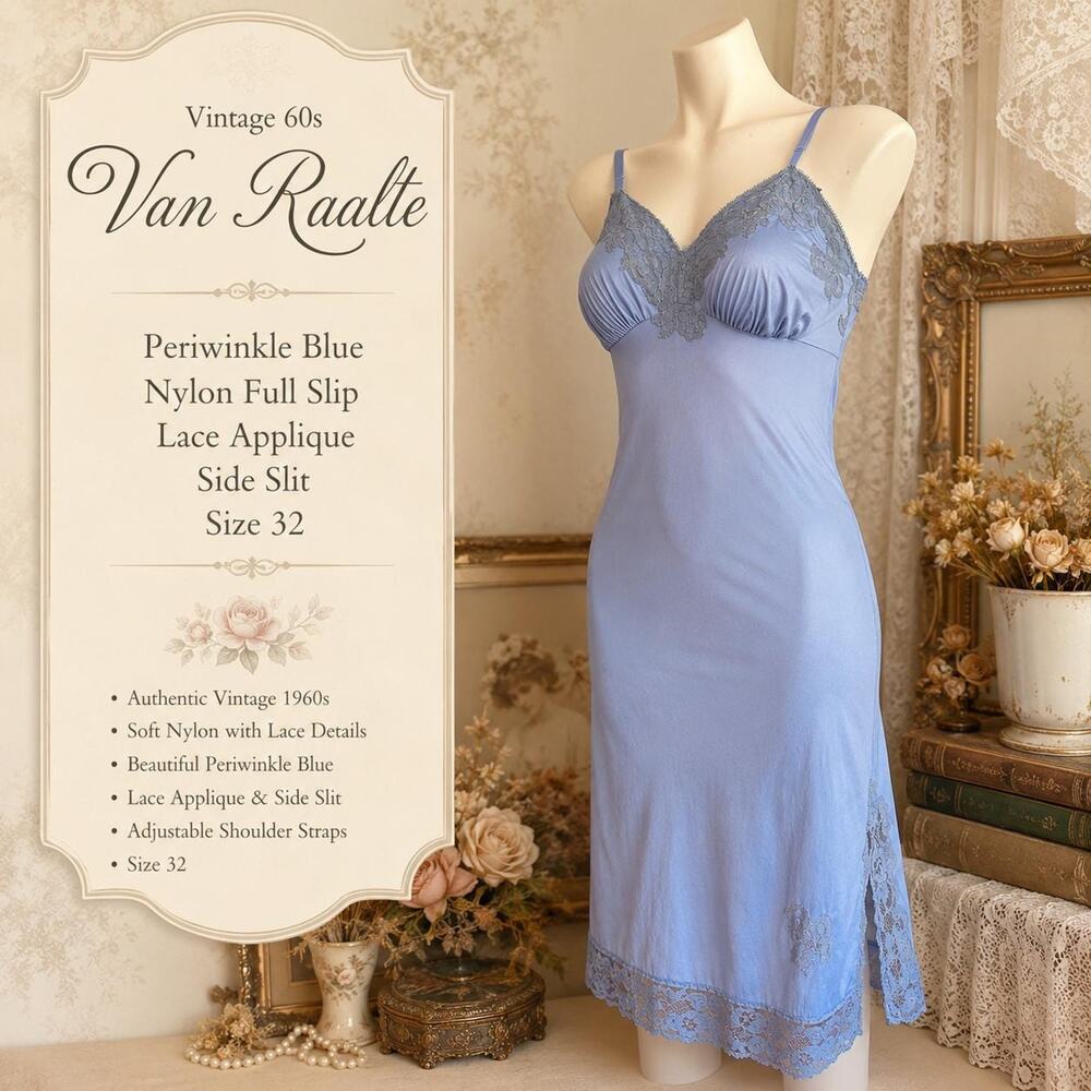 Vintage 60s Van Raalte Periwinkle Blue Nylon Slip Lace Applique Side Slit Sz 32